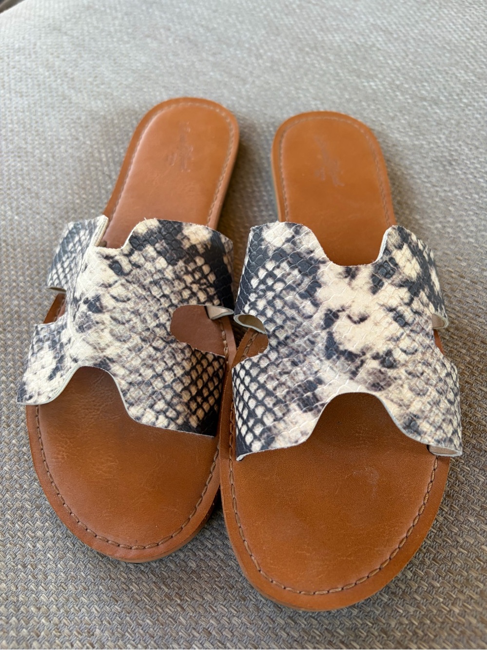 Universal Thread Tan Leather Slide Sandals with Black & White Snake Print Strap